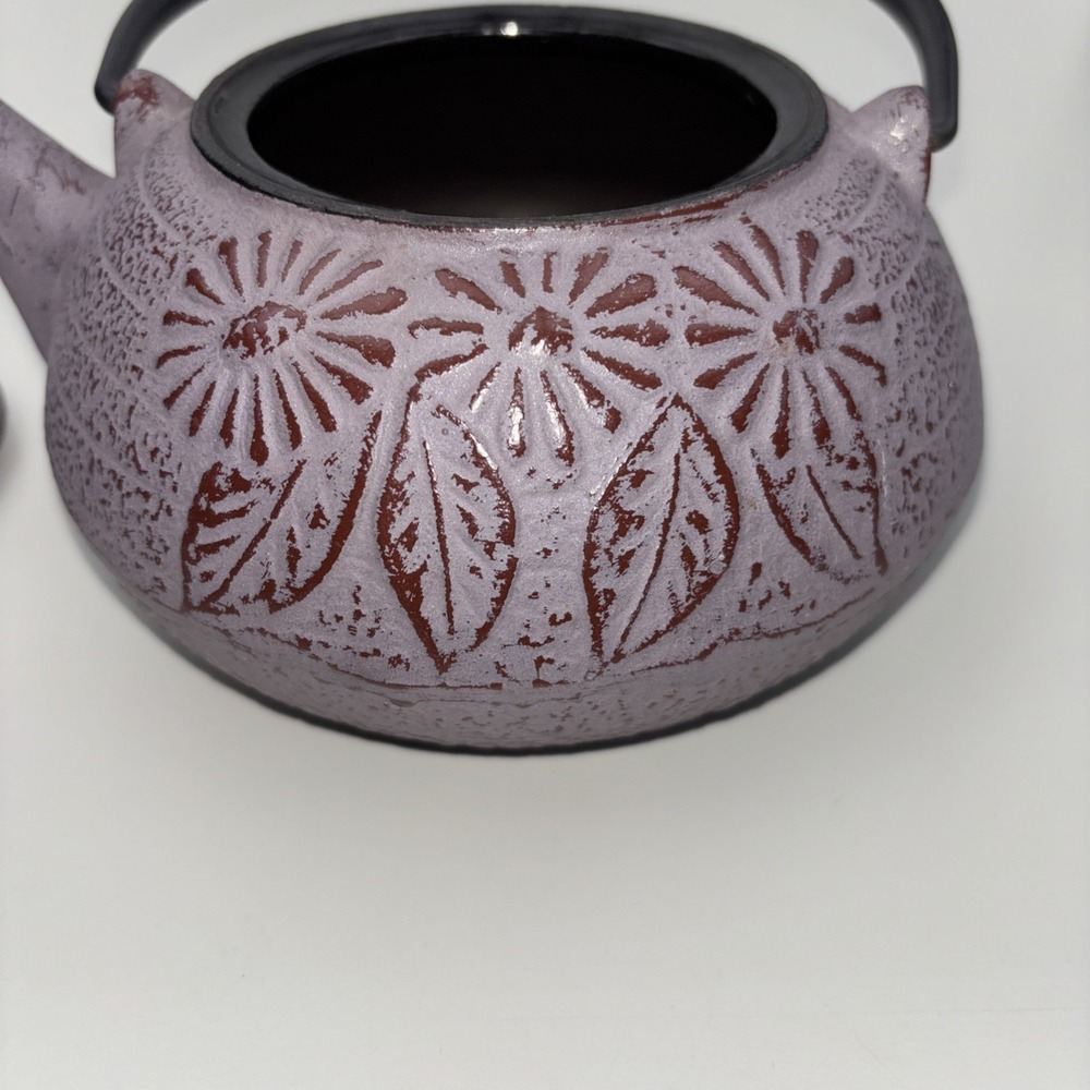 Purple Japanese Cast Iron Teapot Tetsubin Floral Chrysanthemum Pattern Rare - Picture 5 of 13